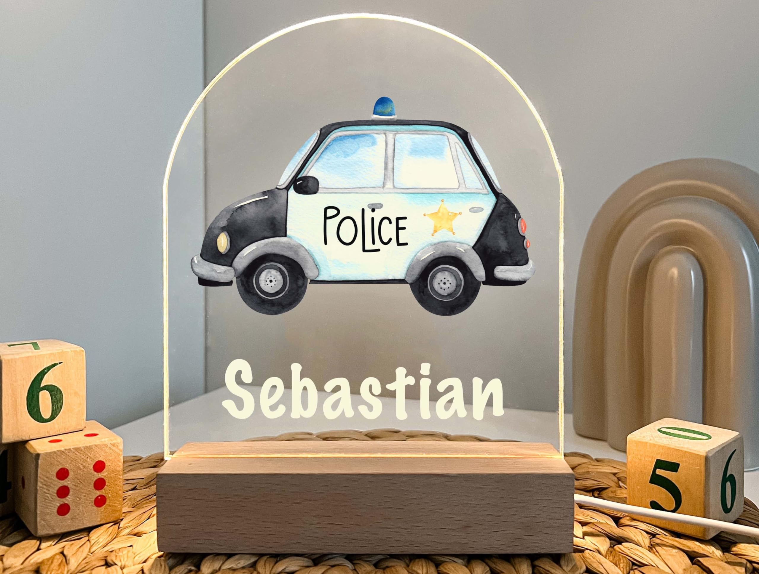 Enchanting Police Car Illustration is Illuminated When Lit. A Wood Base and Soft White LED Light Make it a Great Nightlight. A customizable, American-Handcrafted Gift Ideal for Any Occasion.
