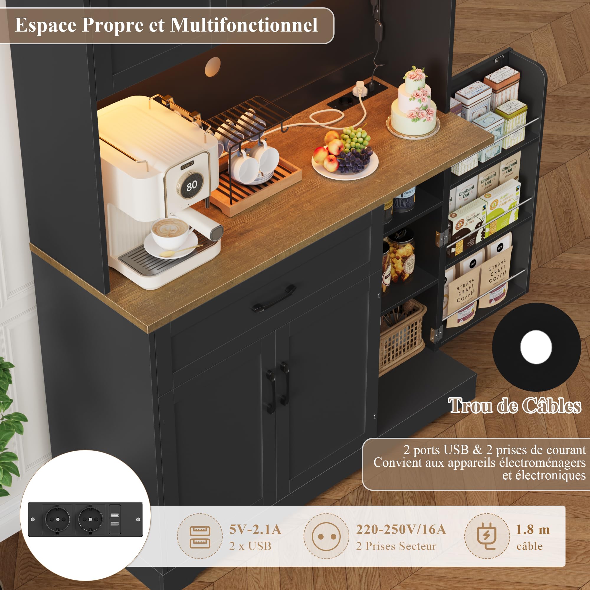 FirFurd Buffet 180cm Meuble Cuisine Rangement avec LED/Multiprises Noir | 180.5x100x38.6cm, Vaisselier meuble de cuisine avec étagère à épices et réglables, grand tiroir, Pour salle à manger, salon