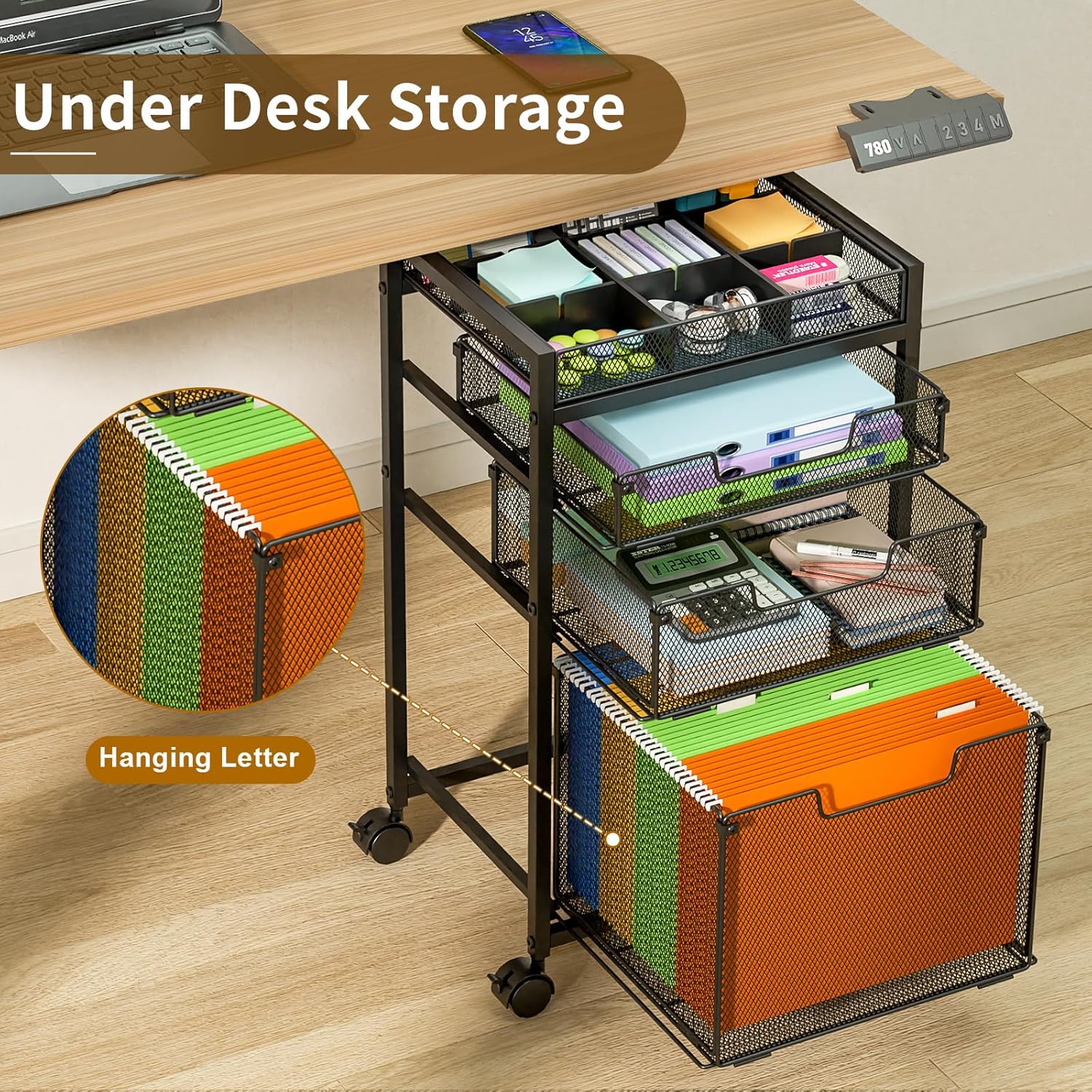 Rolling File Cart with 3 Storage Drawers, Under Desk Filing Cabinet with DIY Divider, Hanging File Folder Organizer on Wheels, Fits A4/Letter Size, Metal Utility Cart for Home Office, Black - Image 3