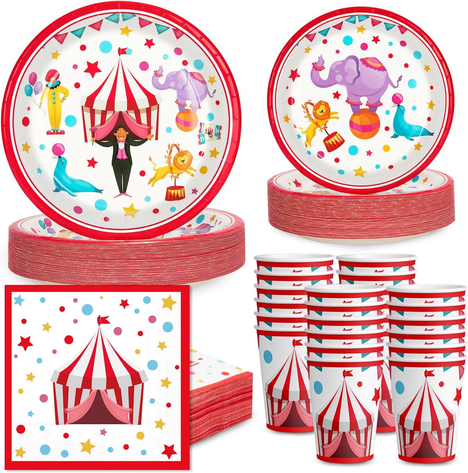 HIPVVILD Circus Carnival Party Supplies - 24-Piece Dinnerware Set With Plates, Cups, Napkins