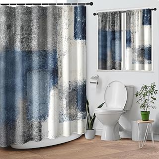 Navy Blue Grey Painting Shower Curtain Set, Gray Contemporary Modern Abstract Bathroom Window Waterproof Shower Curtain Set for Bathroom Decor
