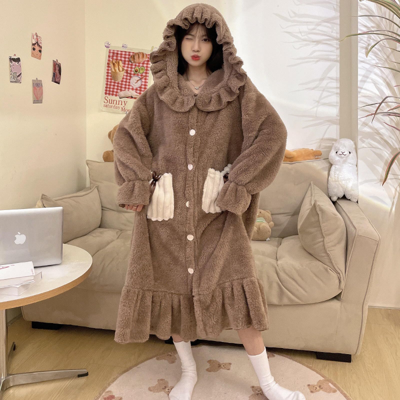 Amazon.co.jp: ナイトガウン パジャマ レディース もこもこ フード付き
