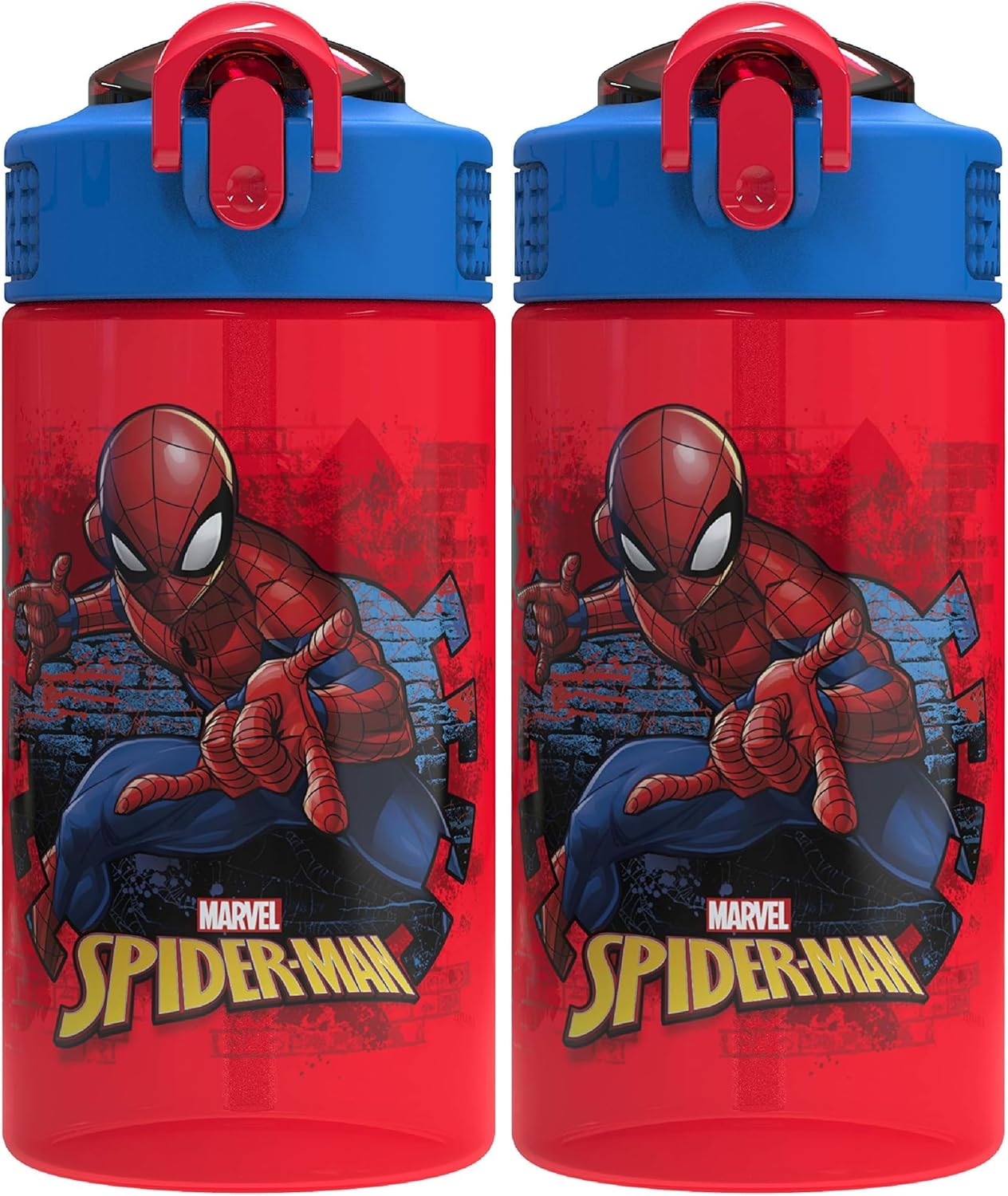 Zak Designs Marvel SpiderMan Kids Spout Cover and Built-in Carrying Loop Made of Plastic, Leak-Proof Water Bottle Design (BPA-Free), Red, 16oz (Pack of 2)