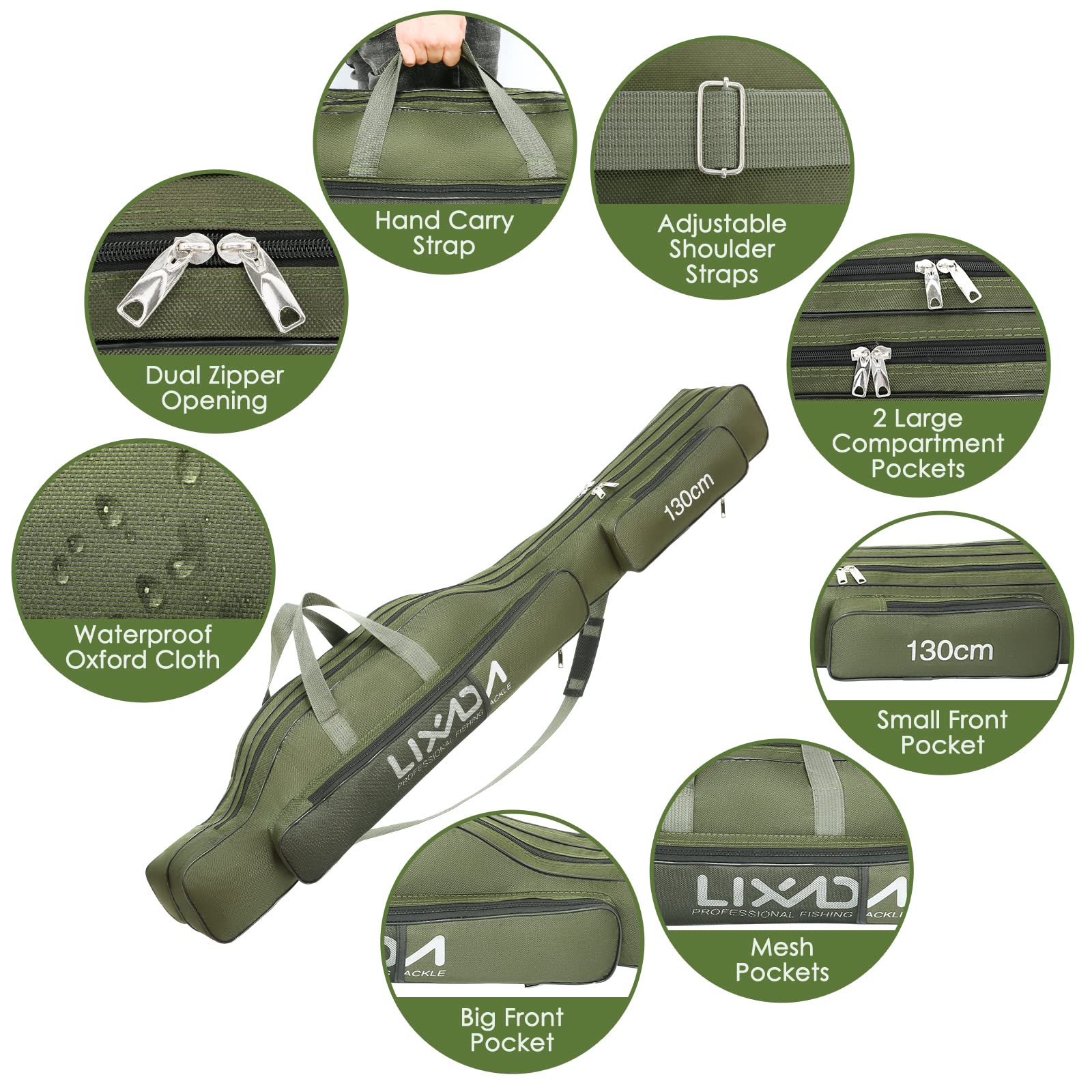 lixada Angel Carrier - Custodia per attrezzi da pesca, 100 cm/130 cm/150 cm, Verde (Army Green), 130cm, Portatile