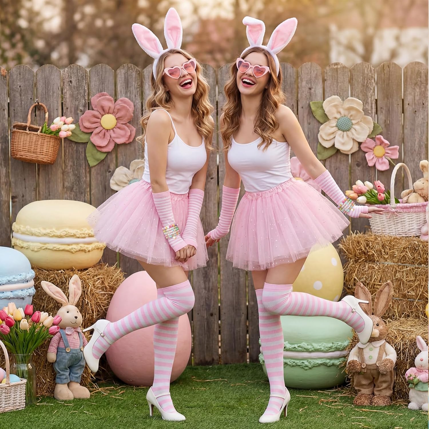 Jadive 7 Pcs Women Easter Bunny Costume Accessory Set with Ears Headband Tail Pink Tutu Heart Sunglasses Striped Stocking Gloves Colorful Bead Bracelets Bunny Cosplay Dress up Party Supplies