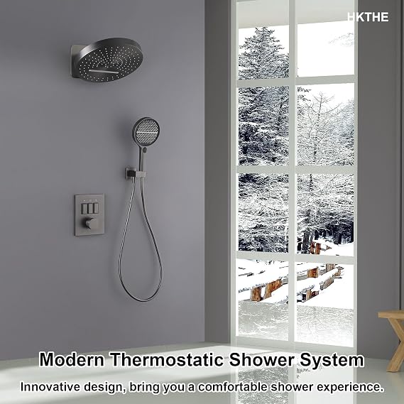 Shower System with Thermostat HSS0464 Modern Shower Set Flush-Mounted 12 Inch / 320mm Rain Waterfall Piano Keys Shower Set Rain Shower Wall Mounting with 3-Mode Handheld Shower 59A Copper