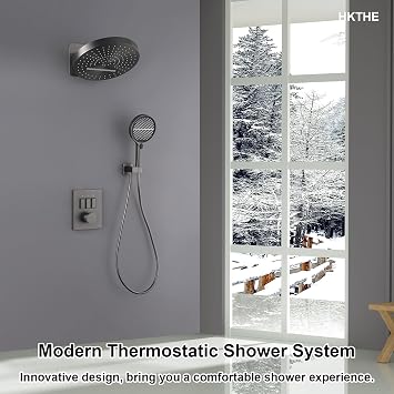 Shower System with Thermostat HSS0464 Modern Shower Set Flush-Mounted 12 Inch / 320mm Rain Waterfall Piano Keys Shower Set Rain Shower Wall Mounting with 3-Mode Handheld Shower 59A Copper