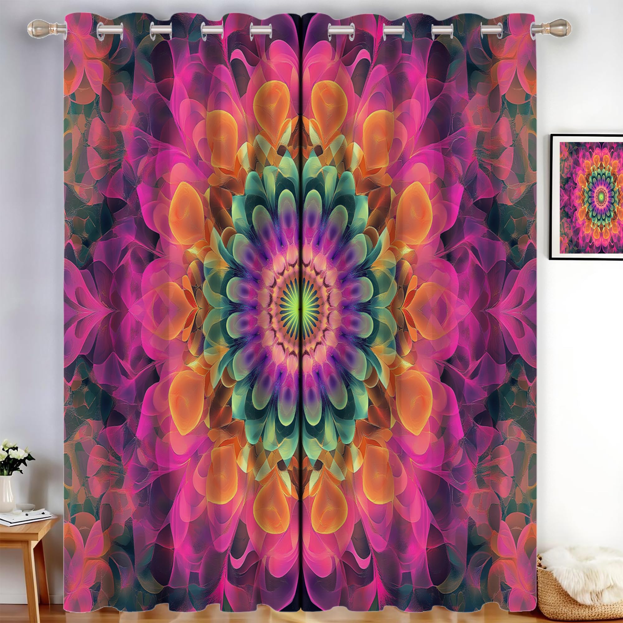 Rideau occultant isolant thermique anti froid rose motif fleurs psychédéliques