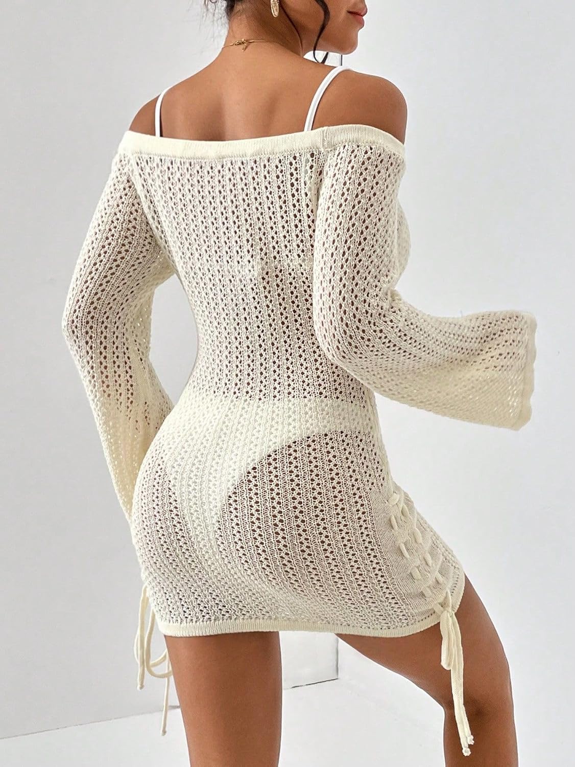 SISKIN Women's Bathing Suit Beach Cover Up Crochet Knit Tops Mesh Hollow Out Dress Drawstring Without Sexy Bikini - Image 6