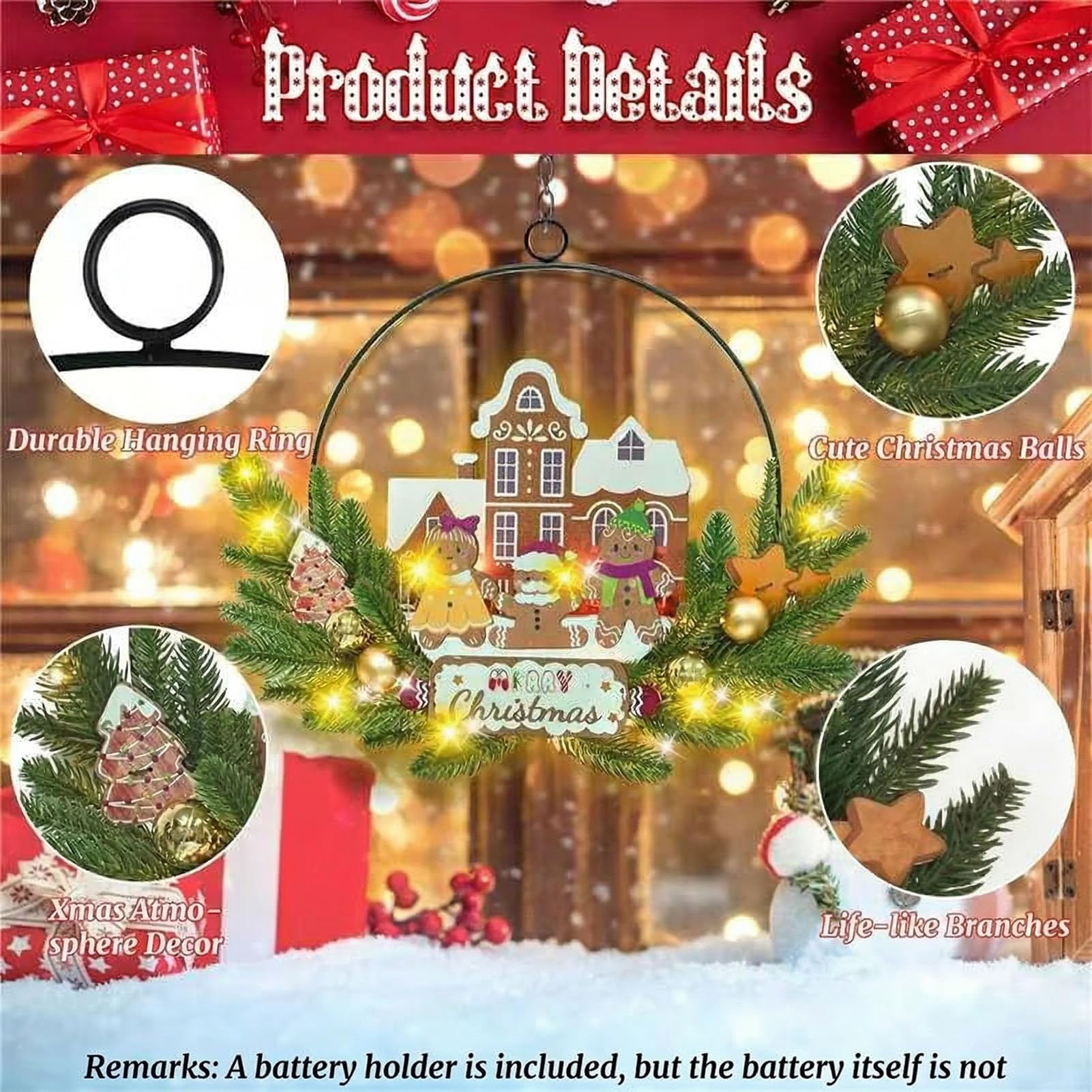 Couronne de Noël lumineuse pour porte d'entrée, couronne de bienvenue en métal et bois à suspendre, décoration murale lumineuse à 30 LED, fonctionne à piles pour Halloween, intérieur et extérieur