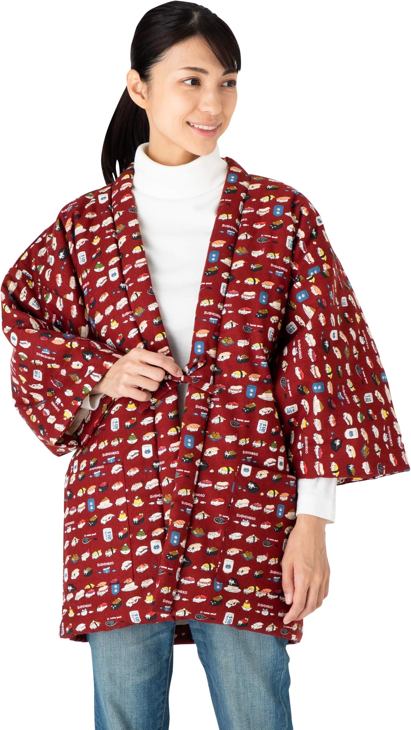 WATANOSATOCat Print Hanten (Cotton Jacket Made in Japan Kimono-Style) Japanese Clothes Size Ladies