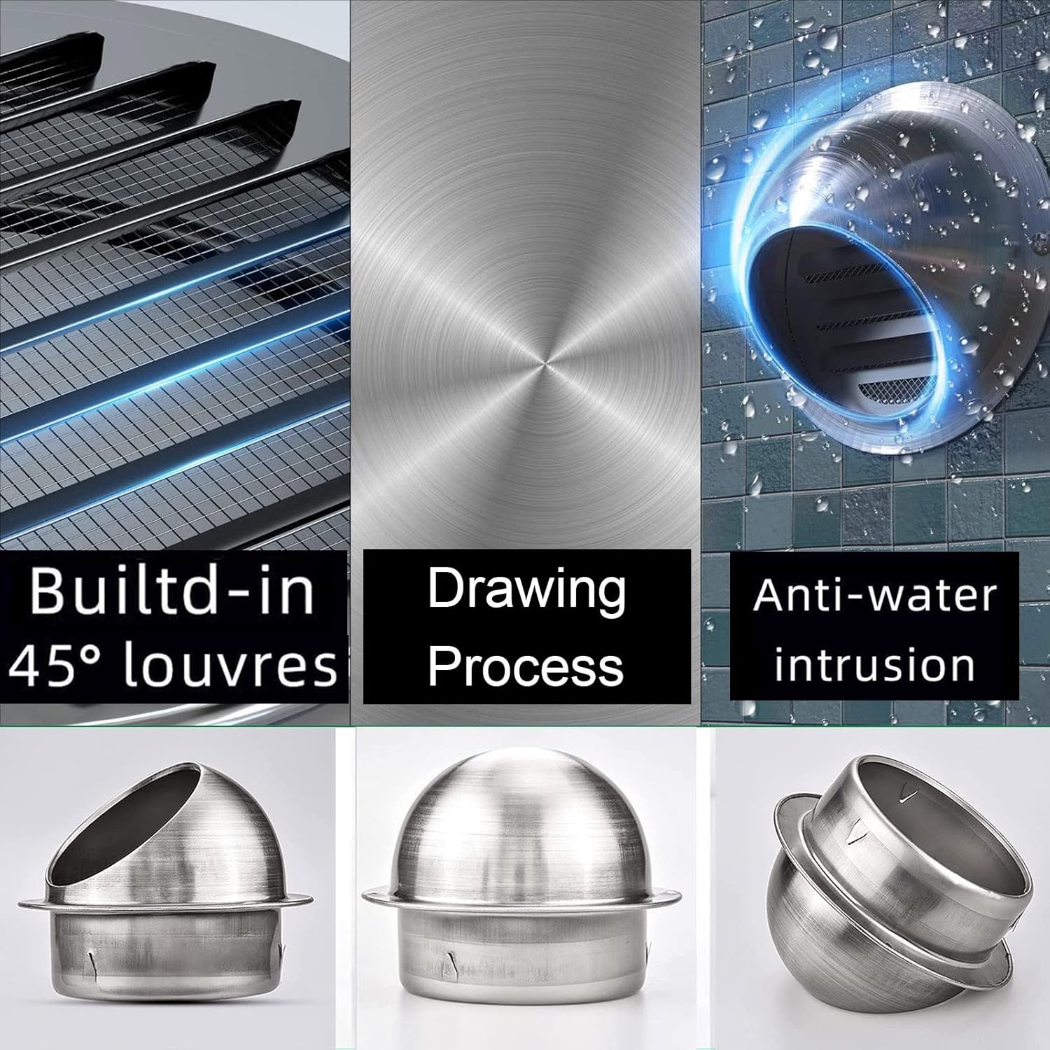 Ventilation Outlet Air Vent Round Cowl Stainless Steel Wall Fresh Ball Shape Waterproof Exhaust Intake Vent Duct Cover With Mesh, Spherical Air Valve Grill Cover, Drawing Process, With Gloves