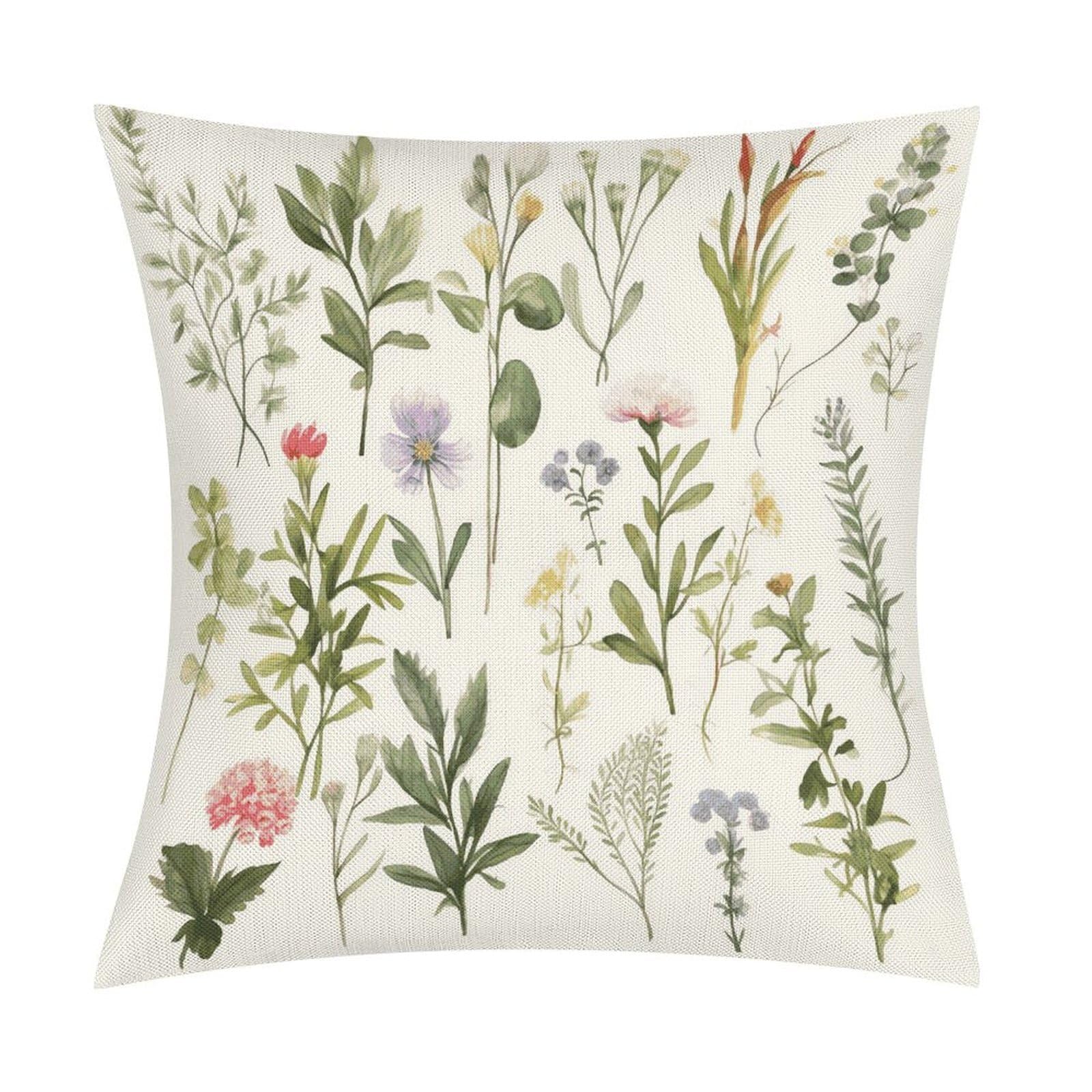 Season Watercolors of Herbs Flowersb Throw Pillow Covers Farmhouse Pillow Cover Standard Pillow Shams Decorative Square Pillowcases Soft Pillow Cases Wrinkle Fade Resistant for Couch Home 18x18 Inch