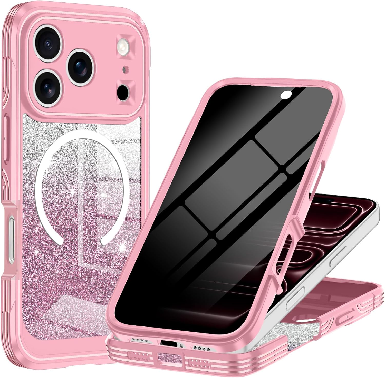 Casetego for iPhone 17 Pro Max Case Magnetic,Compatible with MagSafe,Built-in Privacy Screen Protector,Slim Glitter Sparkle Full Shockproof Protective Girls Case for Apple iPhone 17 Pro Max,All Pink