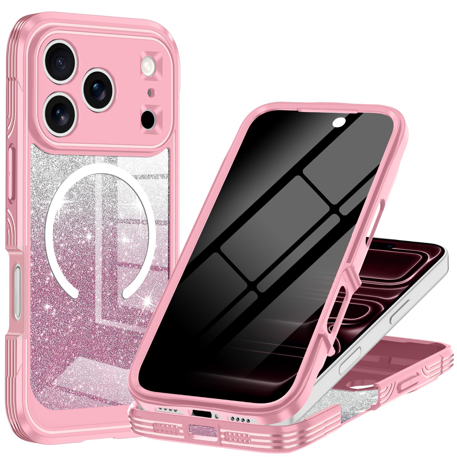 Casetego Custodia magnetica per iPhone 17 Pro, compatibile con MagSafe, protezione per lo schermo privacy integrata, sottile, glitterata, antiurto, custodia protettiva per iPhone 17 Pro, colore rosa