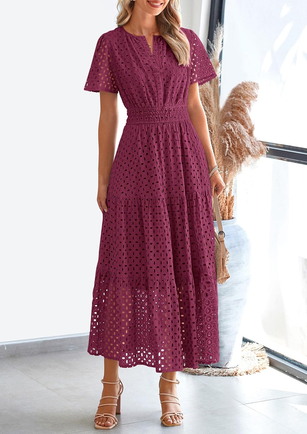 PRETTYGARDEN Womens 2026 Summer Maxi Dress Short Sleeve V Neck Hollow Out Eyelet A Line Long Flowy Beach Vacation Dresses thumbnail