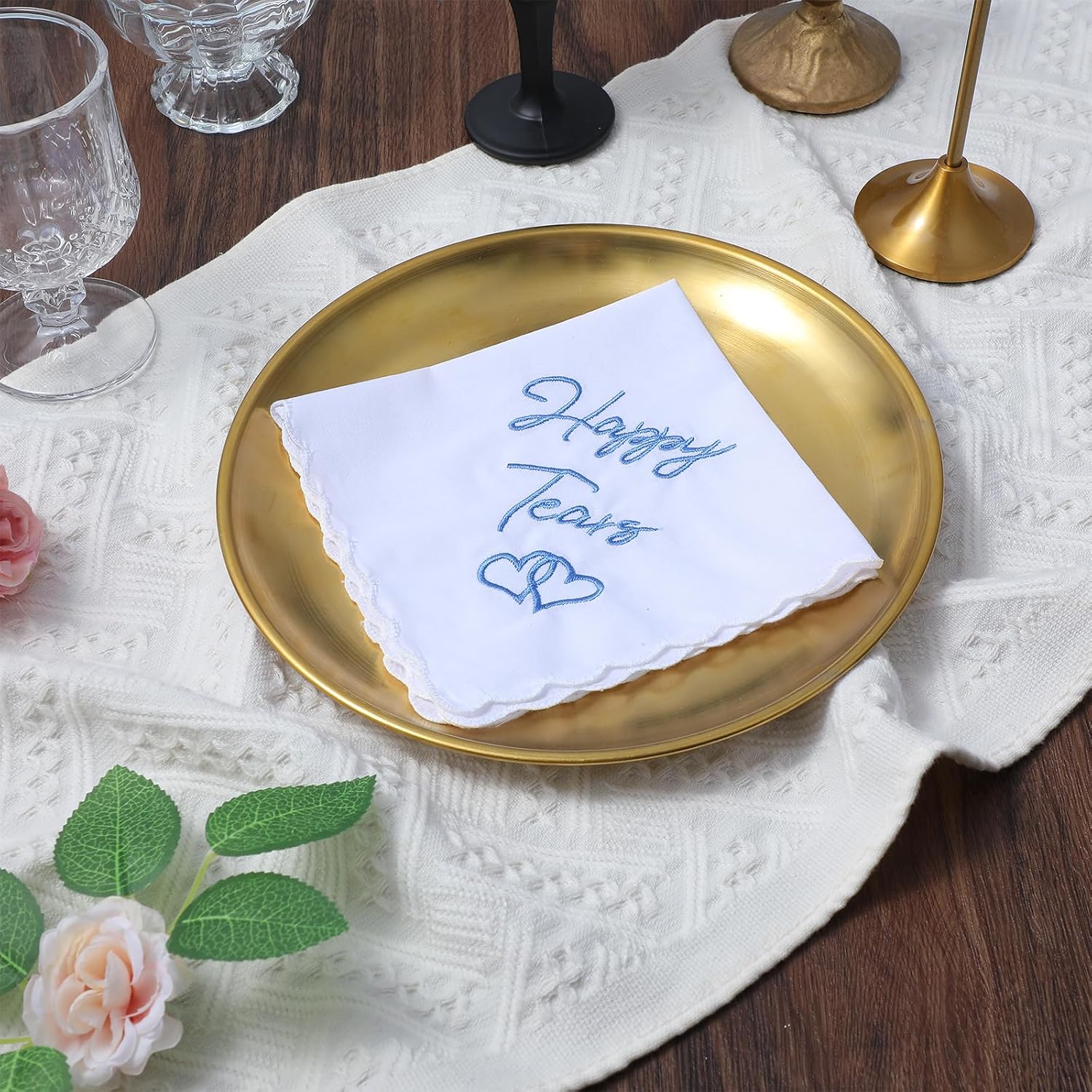 6 Pcs Happy Tears Handkerchiefs Wedding Handkerchiefs 12 Inch Embroidered Handkerchief Cotton Hankies, Perfect Keepsake for Bride, Groom, and Guests