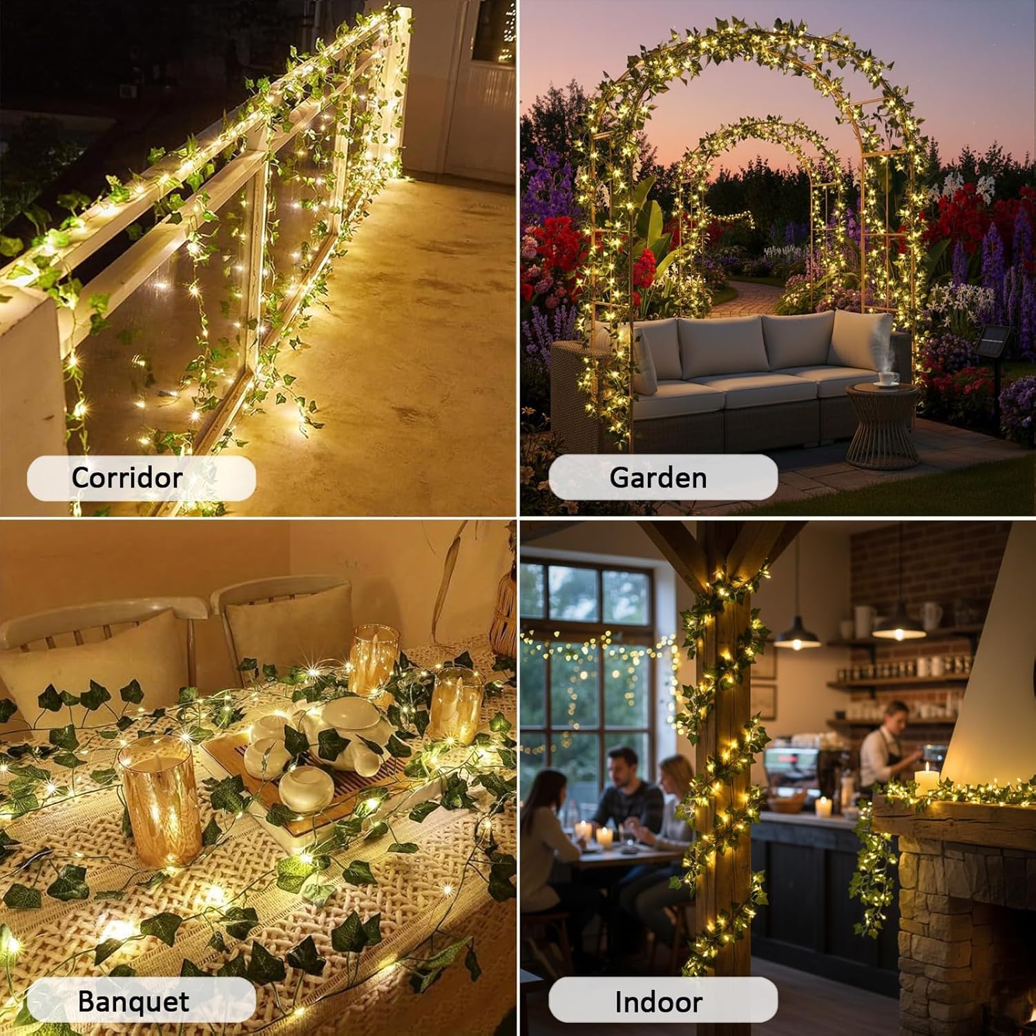 Guirnalda de luces solares impermeables para exteriores, guirnalda de luces solares para decoración de jardín, vides falsas de 33 pies con luces, 8 modos de luces artificiales para patio