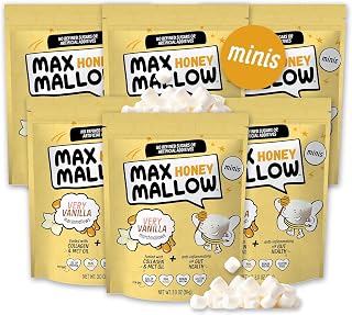 Max Mallow HONEY Mini Marshmallows - Very Vanilla - Gut Friendly, Gluten Free, No Refined Sugars, Real Wildflower Honey, Collagen-Infused Snack (6 Pack, Very Vanilla)