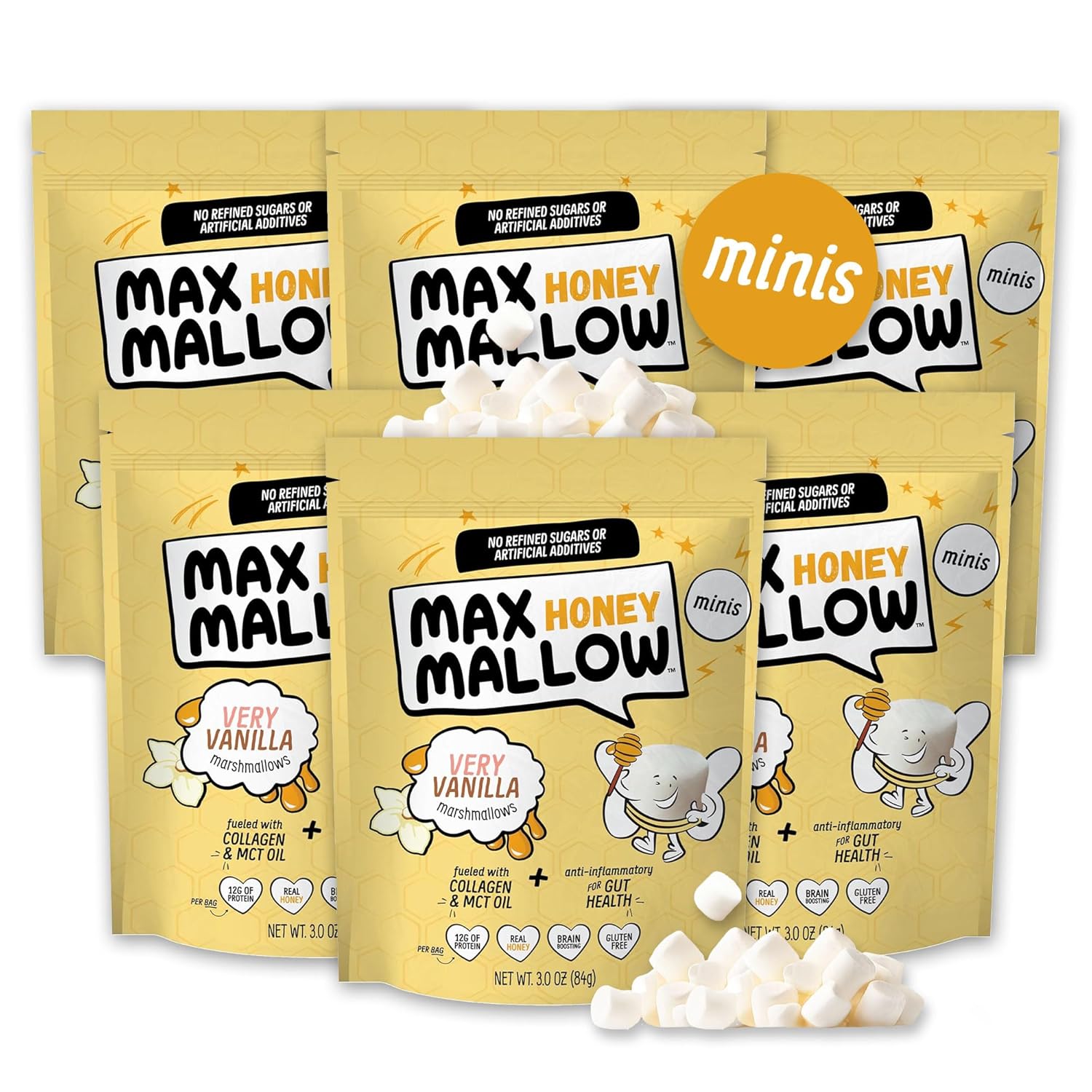 Max Mallow HONEY Mini Marshmallows - Very Vanilla - Gut Friendly, Gluten Free, No Refined Sugars, Real Wildflower Honey, Collagen-Infused Snack (6 Pack, Very Vanilla)