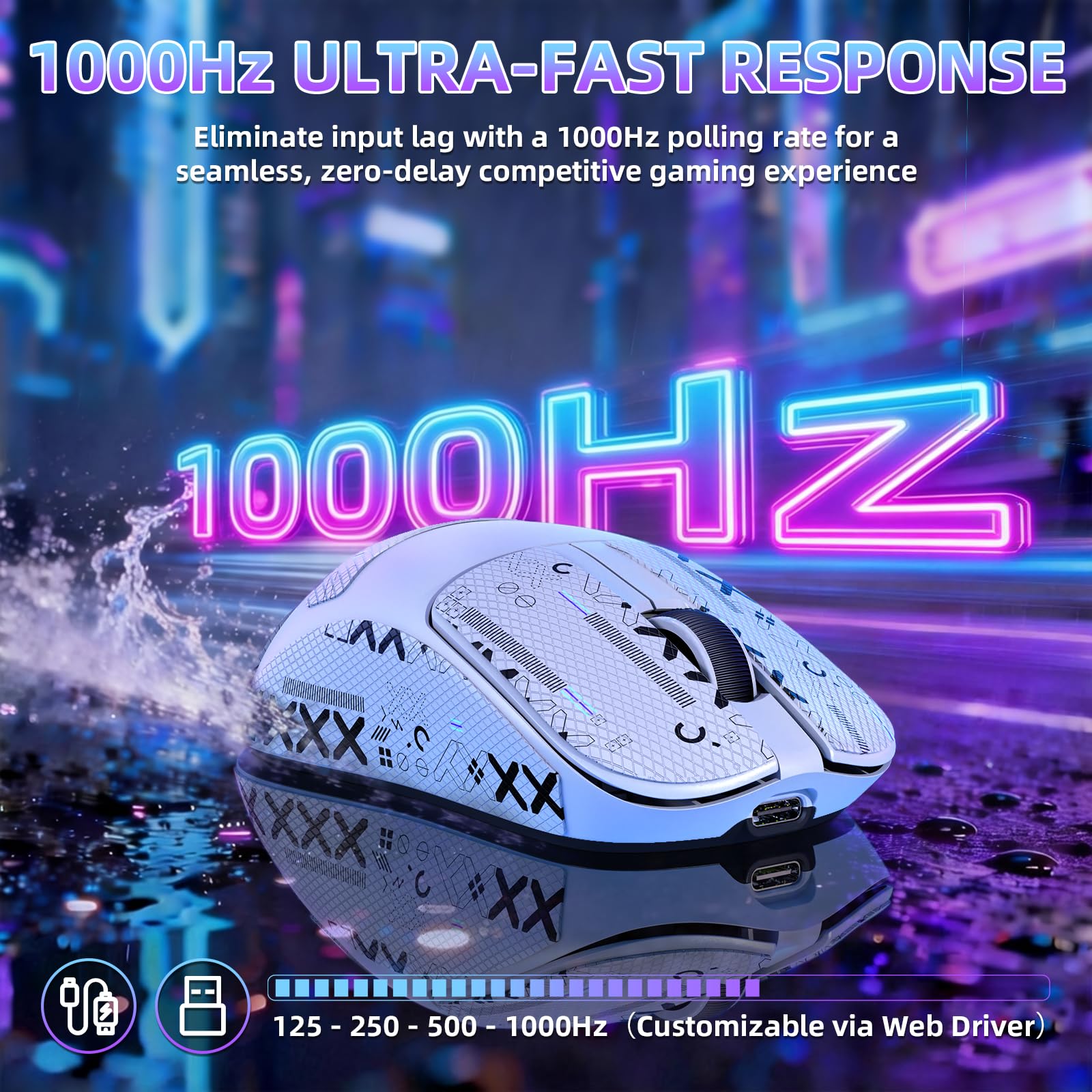 ZIYOU LANG×MAGIC-REFINER AJ199 Mouse Gaming Wireless Leggero, 49g Tri-Mode 2.4G/BT/Cavo, PixArt PAW3311, 24K DPI, 1000Hz, 600mAh Ricaricabile Mouse Gamer per PC/Mac/Laptop - Bianco con Grip Tape