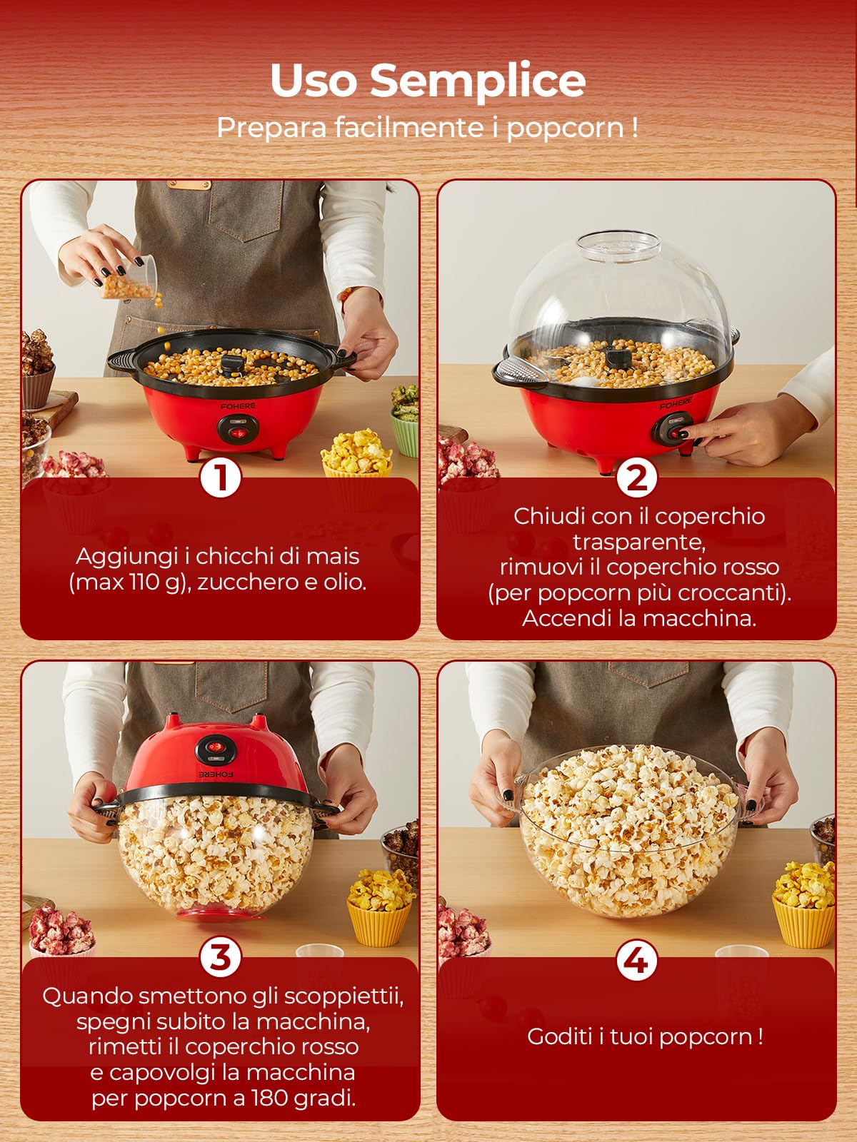 FOHERE 4,5L Macchina Popcorn, 700W Macchina per Pop Corn Include 2 Misurini per Chicchi di Mais, Zucchero e Olio, Agitazione Automatica Pop Corn Macchina per le Vacanze e le Serate al Cinema