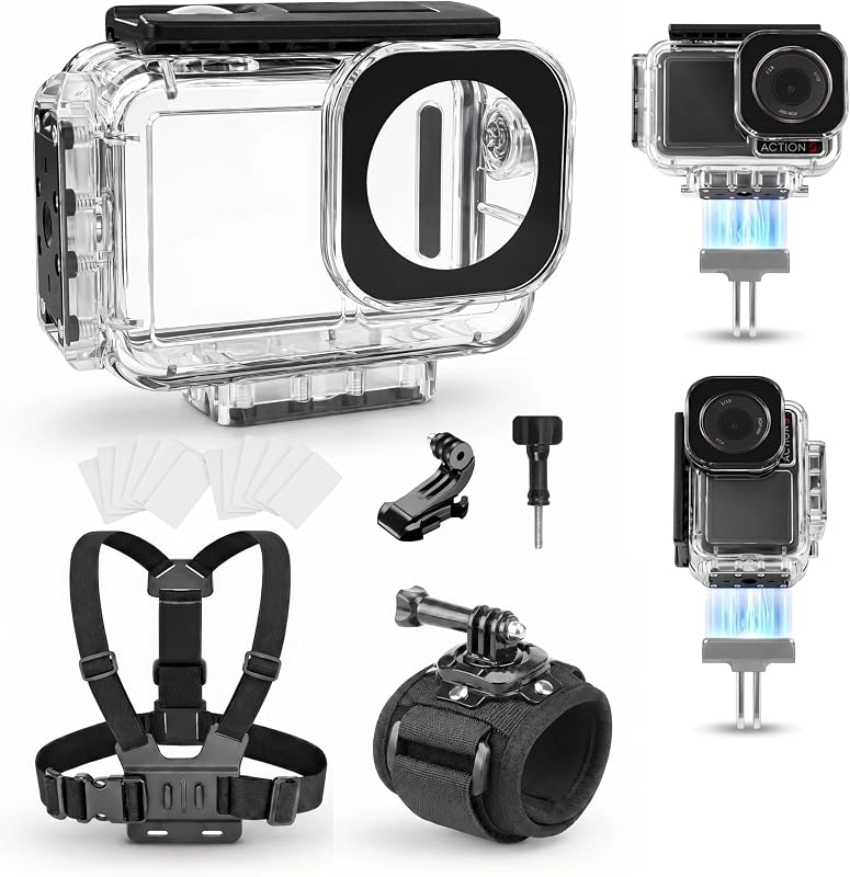 196FT/60M Underwater Terebento Waterproof Case for DJl Osmo Action 5 Pro Action 4 Action 3，196FT/60M Underwater with Magnetic Quick Release Interface (Waterproof case Chest Strap Wrist Strap)