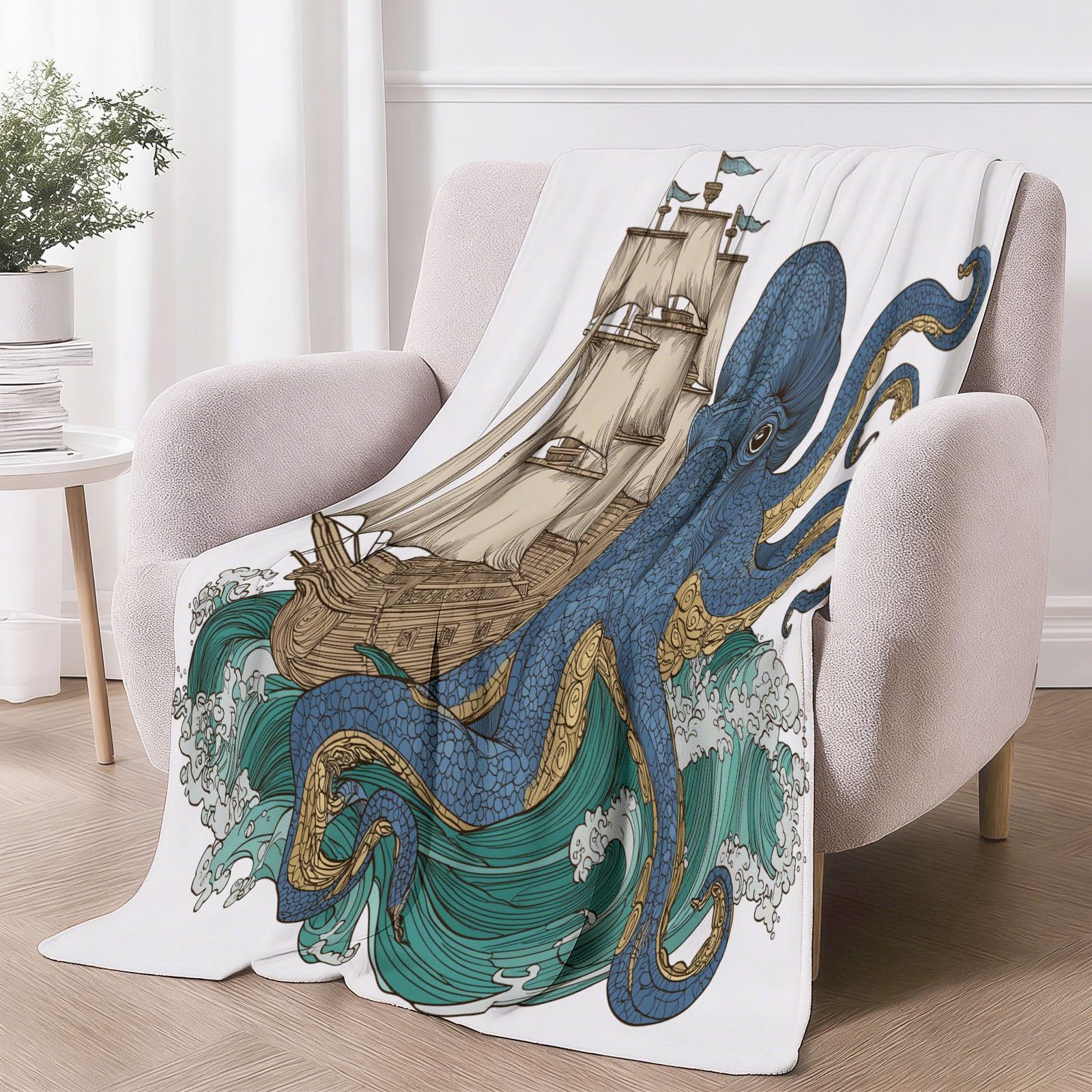 Coperta sherpa retrò costiera con stampa a onde di polpo a vela reversibile e morbida coperta in pile accogliente, 180 x 200 cm, per biancheria da letto, divano, letto, decorazione per la casa, blu