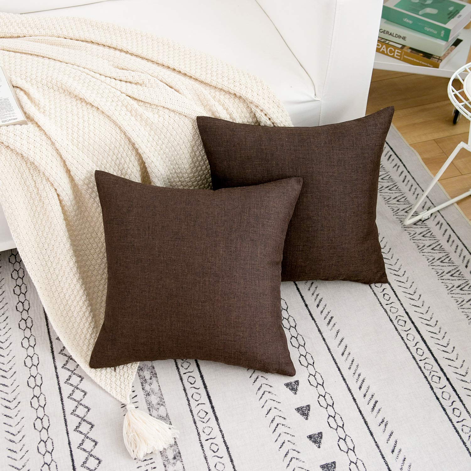 RainRoad Linen Decorative Throw Pillow Covers Cushion Cover Pillow Case for Sofa Couch Bed Chair, Soft Square Dark Brown Throw Pillows 18x18 Inch,Set of 2