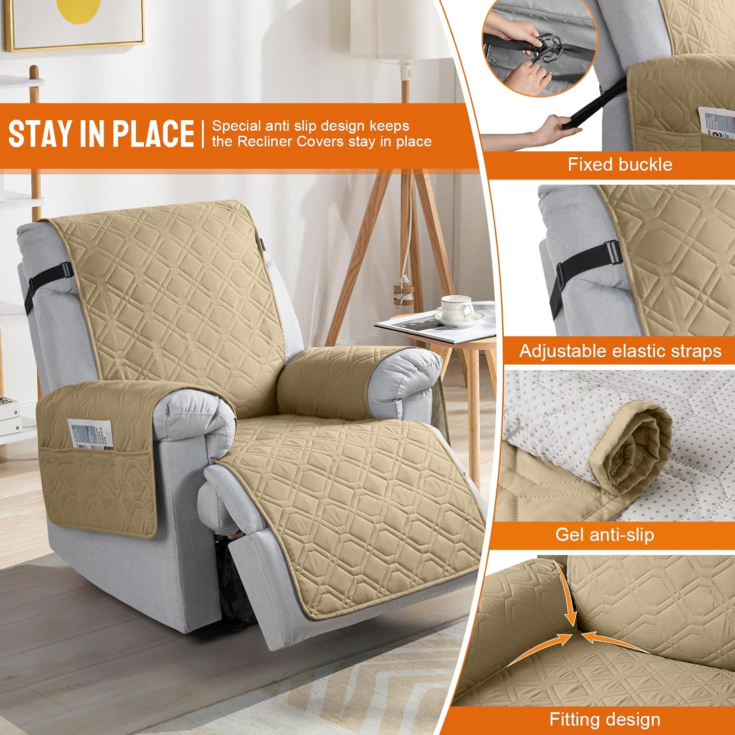 vansofy 100% waterproof recliner chair covers, recliner cover non-slip dog chair cover furniture protector washable slipcover with pocket, elastic straps for pets, dogs(sand, 23.6") sand 23.6"