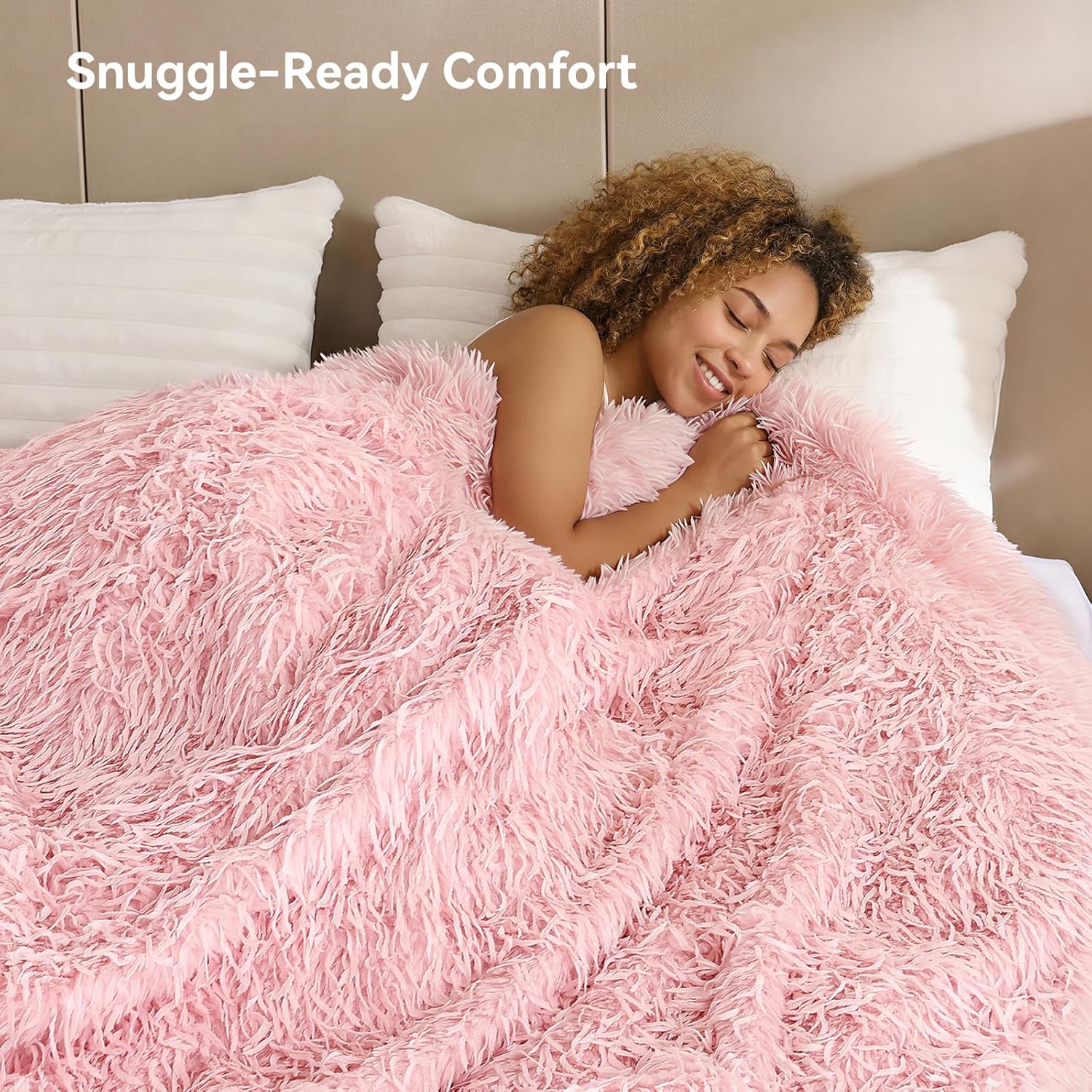 weigelia Fluffy Faux Fur Throw Blanket – Soft Cozy Fuzzy Blanket for Couch, Feather-Style Plush Shaggy Throw, Elegant Decor for Bed & Women, Light Pink