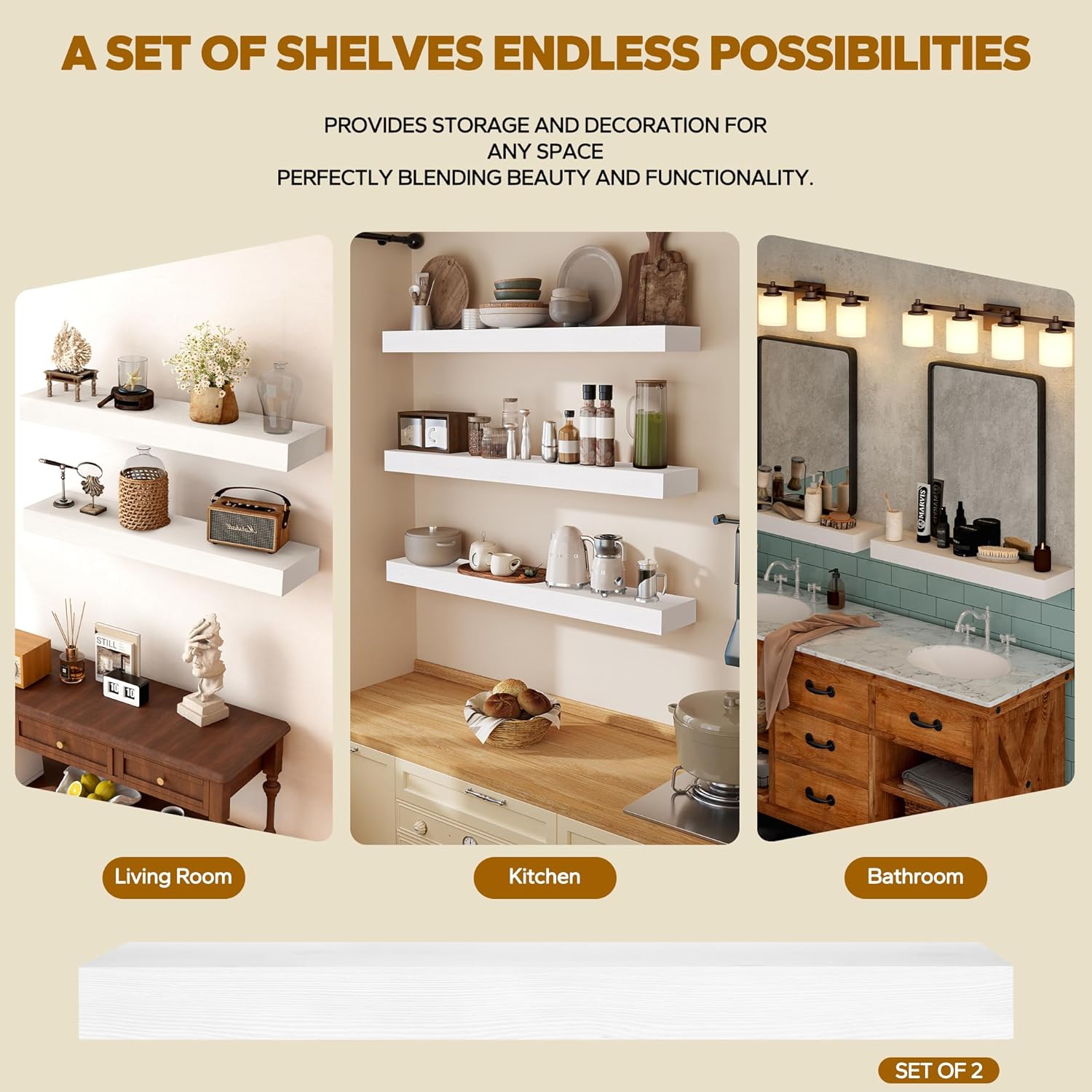 Floating Shelves 3 inch Thick for Wall Set of 2,Solid Pine Wood Wall Mount Shelf for Kitchen Living Room Bedroom Bathroom,8" D x 30" L x 3" H-White