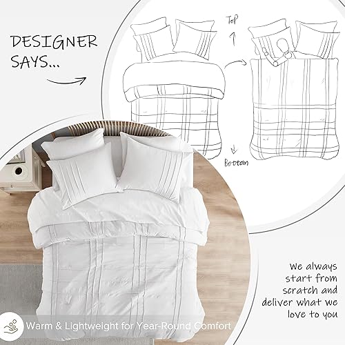 Miniatura 4 de Comfort Spaces Juego de edredón blanco tamaño Queen, juego de ropa de cama plisada de 3 piezas, para todas las estaciones, ligero, extra suave,