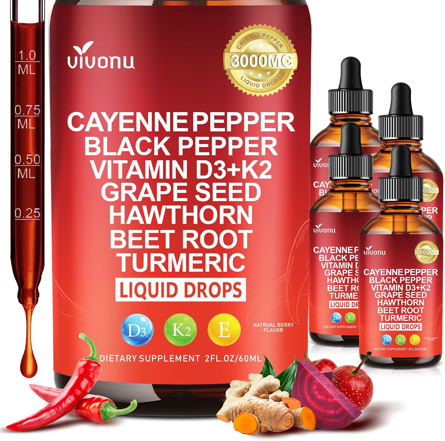 VivoNu Cayenne Pepper Softgels Supplement, Supports Leg Vein, Heart and Blood Vessel Health, with Vitamin E D3+K2 and Extracts of Grape Seed, Hawthorn, Beetroot, Berberine (Drops /4 Bottle)