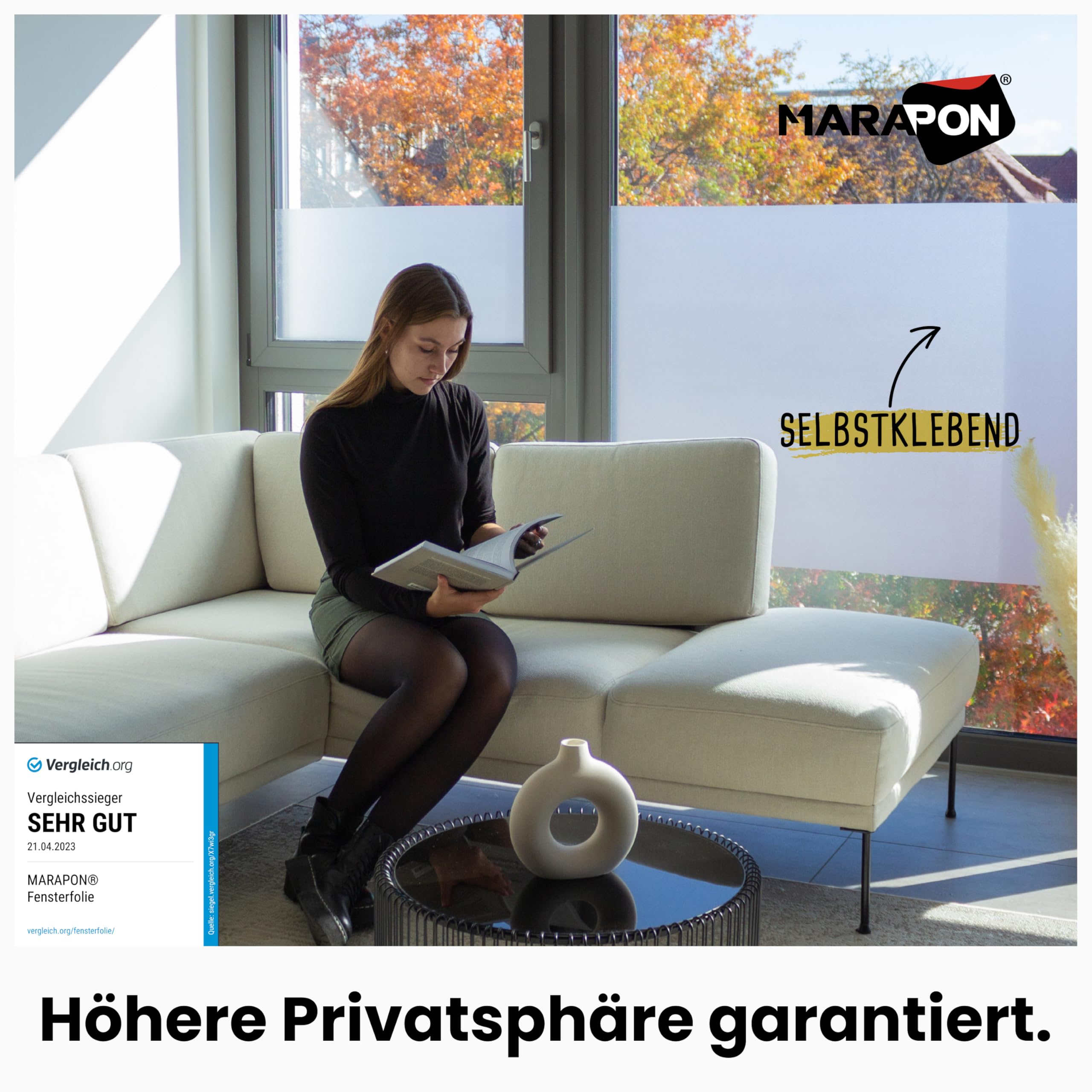 MARAPON® Lámina Opaca para Ventanas (0,90 x 4 m), Incluye Libro electrónico y vídeo Instrucciones (Idioma español no garantizado), lámina Adhesiva para privacidad para Ventanas, Cocina, baño, Oficina