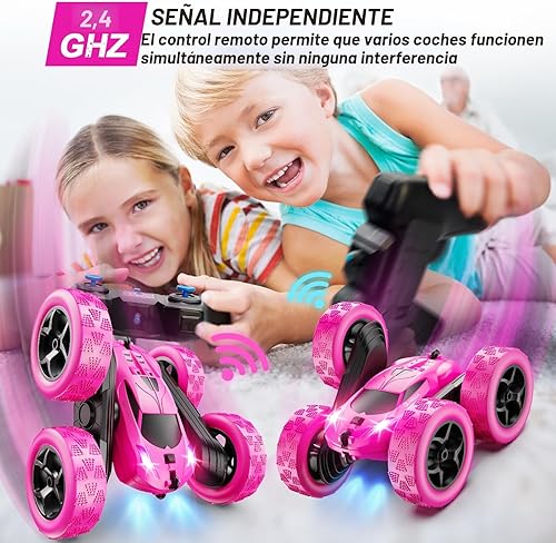 Miniatura 3 de Coches de control remoto de rosas para niñas, 2.4 GHZ, auto de acrobacias RC de doble cara, giratorio de 360°, control remoto con faros, juguetes