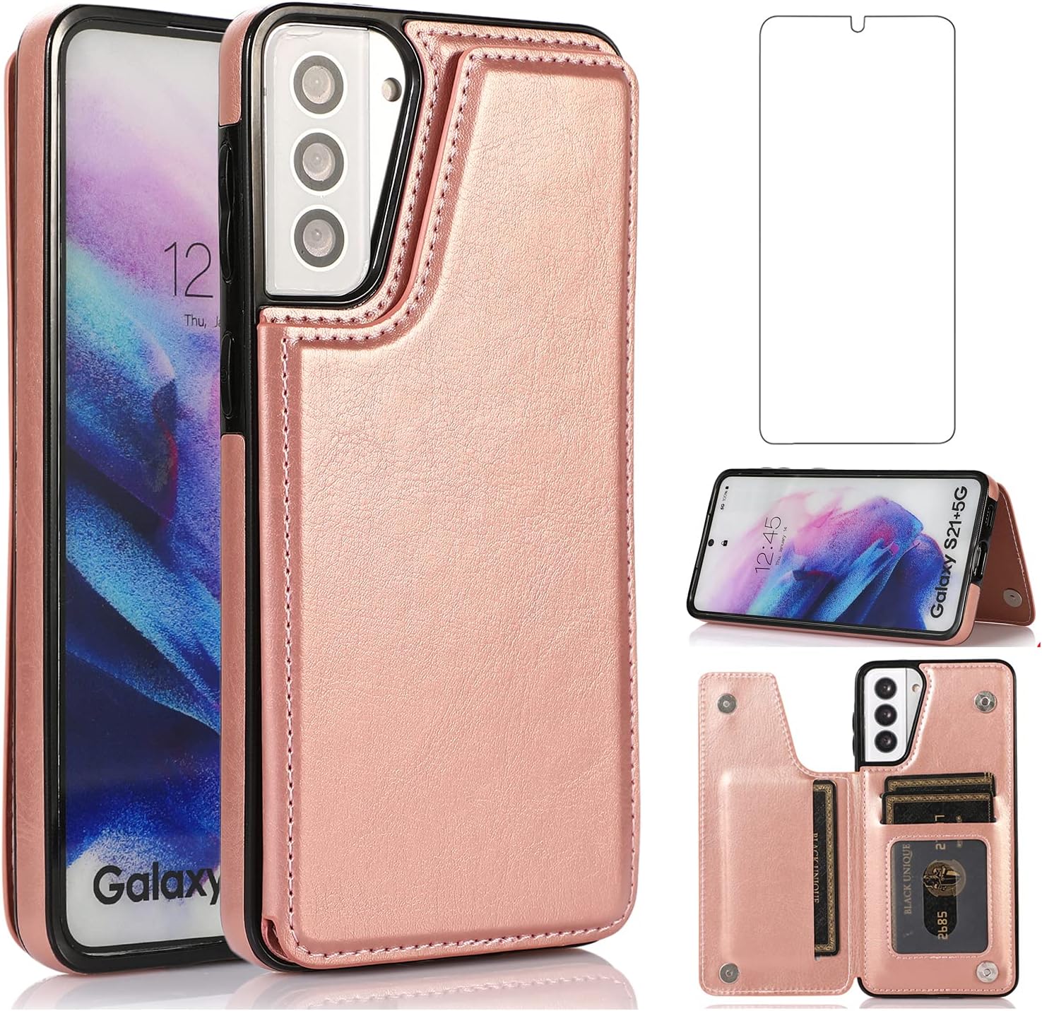 Asuwish Compatible with Samsung Galaxy S21 Glaxay S 21 5G 6.2 inch Wallet Case Tempered Glass Screen Protector Card Holder Cover Stand Phone Cases for Samsung Galaxy S21 Glaxay S 21 5G 6.2 inch Pink