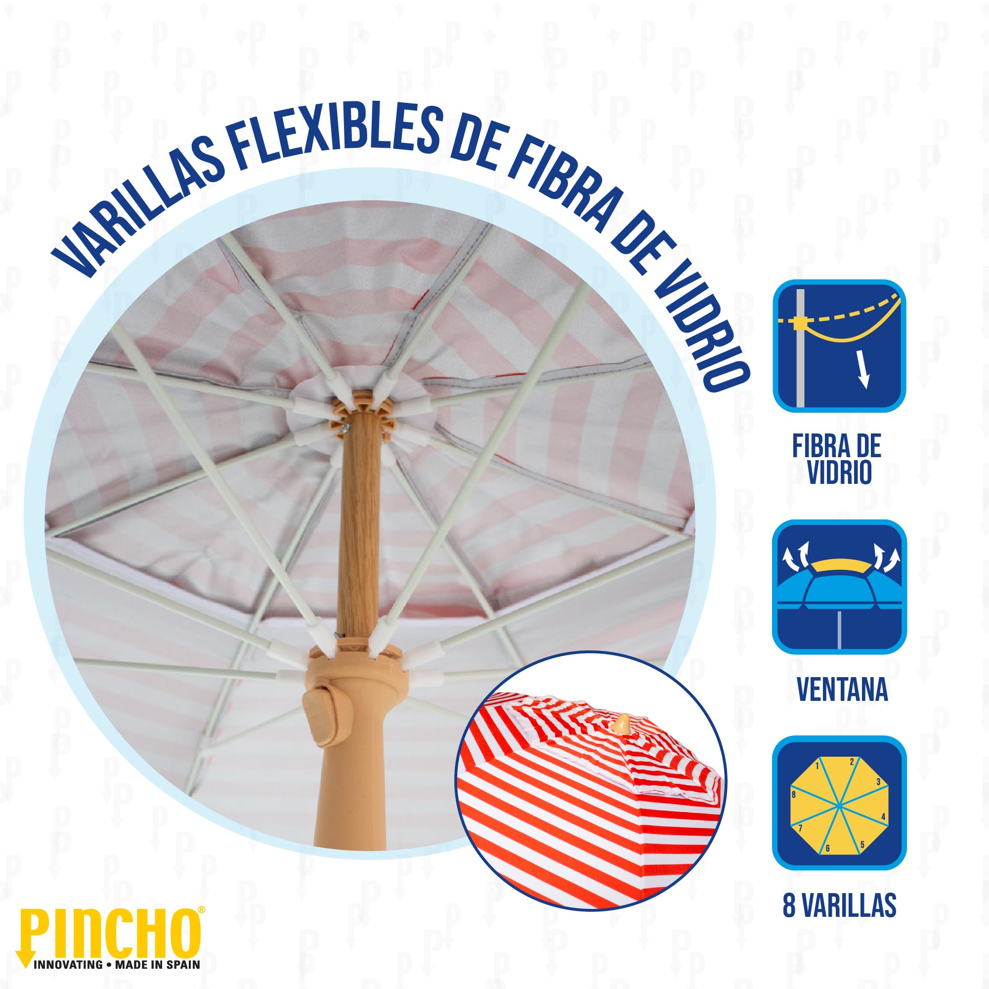 Pincho Grand parasol de plage anti-vent avec protection UV50+, tube en aluminium et 8 baleines en fibre de verre, inclinable avec fenêtre supérieure, embout en aluminium