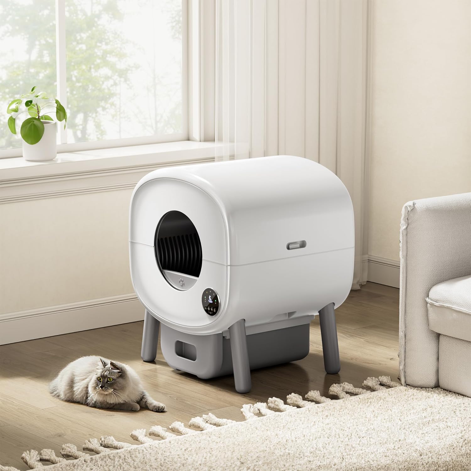 Fudajo Self-Cleaning Cat Litter Box in a home setting with a cat