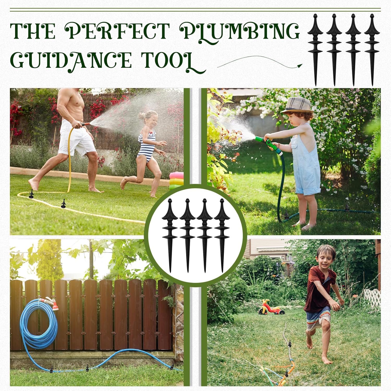 MorningRo 4 Pcs Garden Hose Guide Spike 12 Inch Heavy Duty Metal Hose Support Spike Aluminum Decorative Garden Stakes Protector to Keeps Flower Beds Plant Yard Lawn (Thatched)