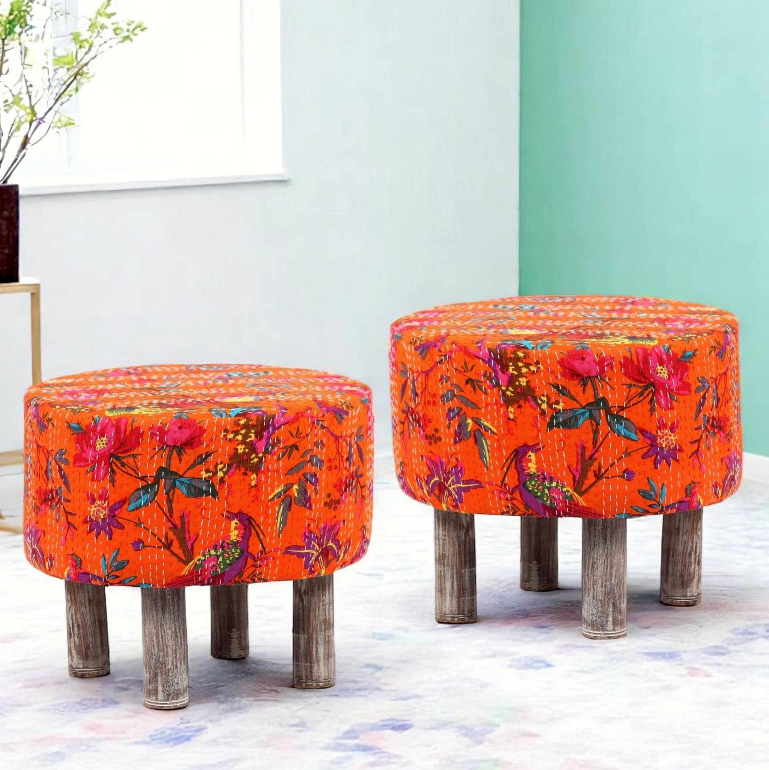 Ikiriya Collio Acacia Wood Mid Century Round Set of 2 Pouf Stools/Pouffee/Stool/Ottoman in Bird Print Orange Kantha Upholstery for Living Room | Drawing Room | Bedroom | Balcony | Dining Room-image-41