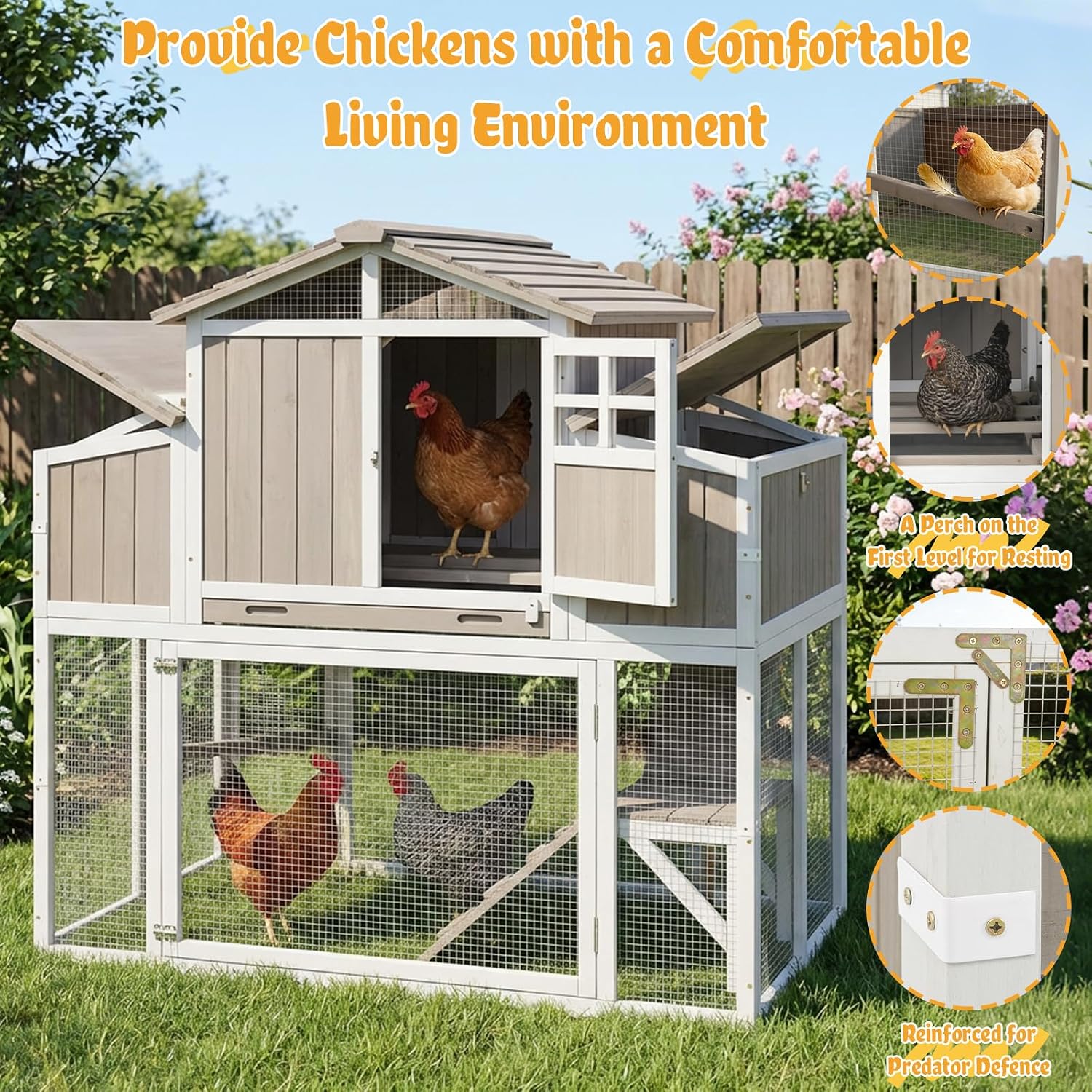 Super Large Chicken Coop with Run for 6-12 Hens, Outdoor Chicken Hen House with 4 Nesting Boxes, Pull-Out Tray, 5 Perches, 2-Story Wooden Poultry Cage with Dual-Side Egg Collection