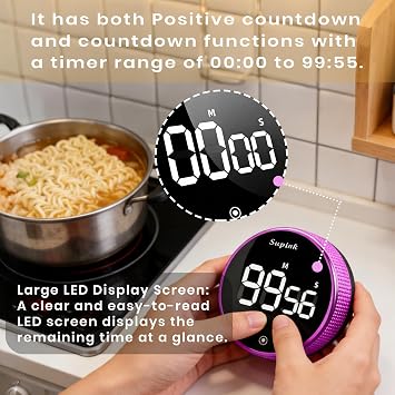Kitchen Timer Cute, Magnetic Digital Twist Kitchen Timer Cooking with Large LED Display, Strong Back Magnet, Countdown & Count Up, 3 Volume Levels for Kitchen, Study, Classroom (Black+Purple Combo)