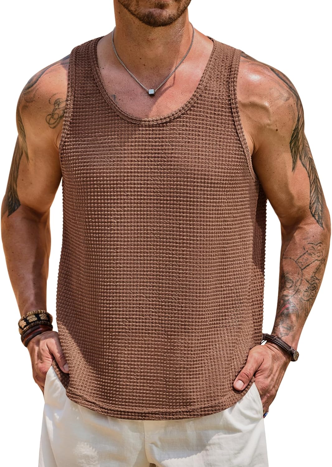 VOGSTART Mens Hollow Out Tank Top Vacation Summer See Through Crochet Sleeveless Shirt Beach Muscle Knit Vest (S-XXL)