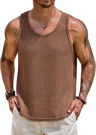 VOGSTART Mens Hollow Out Mesh Tank Top Beach Waffle Sleeveless Shirts | Knit, See Through, Casual, Summer, Vacation, Holiday, Sheer, Knitted, Net, Festival, Fashion