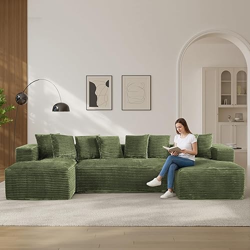 131" Oversized U Shaped Cloud Sectional Couches for Living Room, Comfy Fluffy Corduroy Green Boneless Sectionals Couch, Plush Memory Foam Modular Sectional Sofa with Double Chaise- 20" High Seat