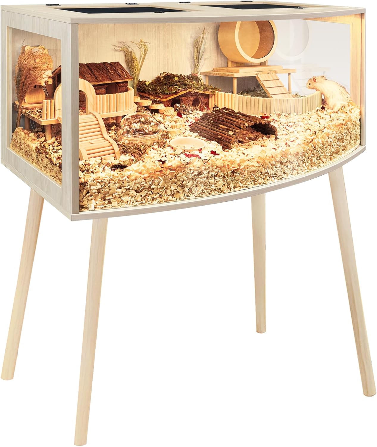 Prolee Hamster Cage with Curved Design,Chew Proof Wooden Hamsters Enclosure with Leg Stand and Openable Top or Gerbils,Hamster Habitat (40"x20"x20")