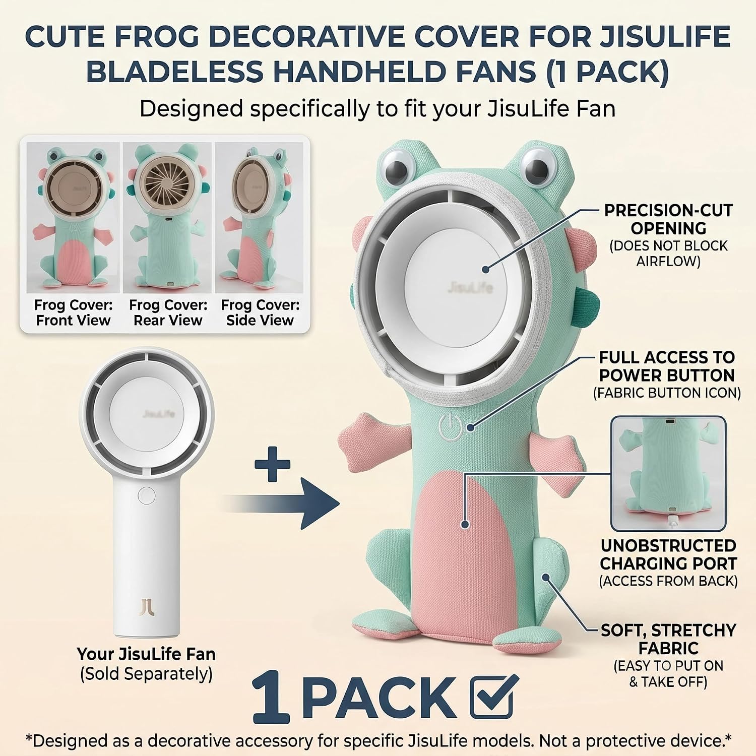 Frog Monster Decorative Cover Compatible with Jisulife Handheld Portable Turbo Fan, Cute Animal Fan Attachment for Outdoor Travel Desk Decoration