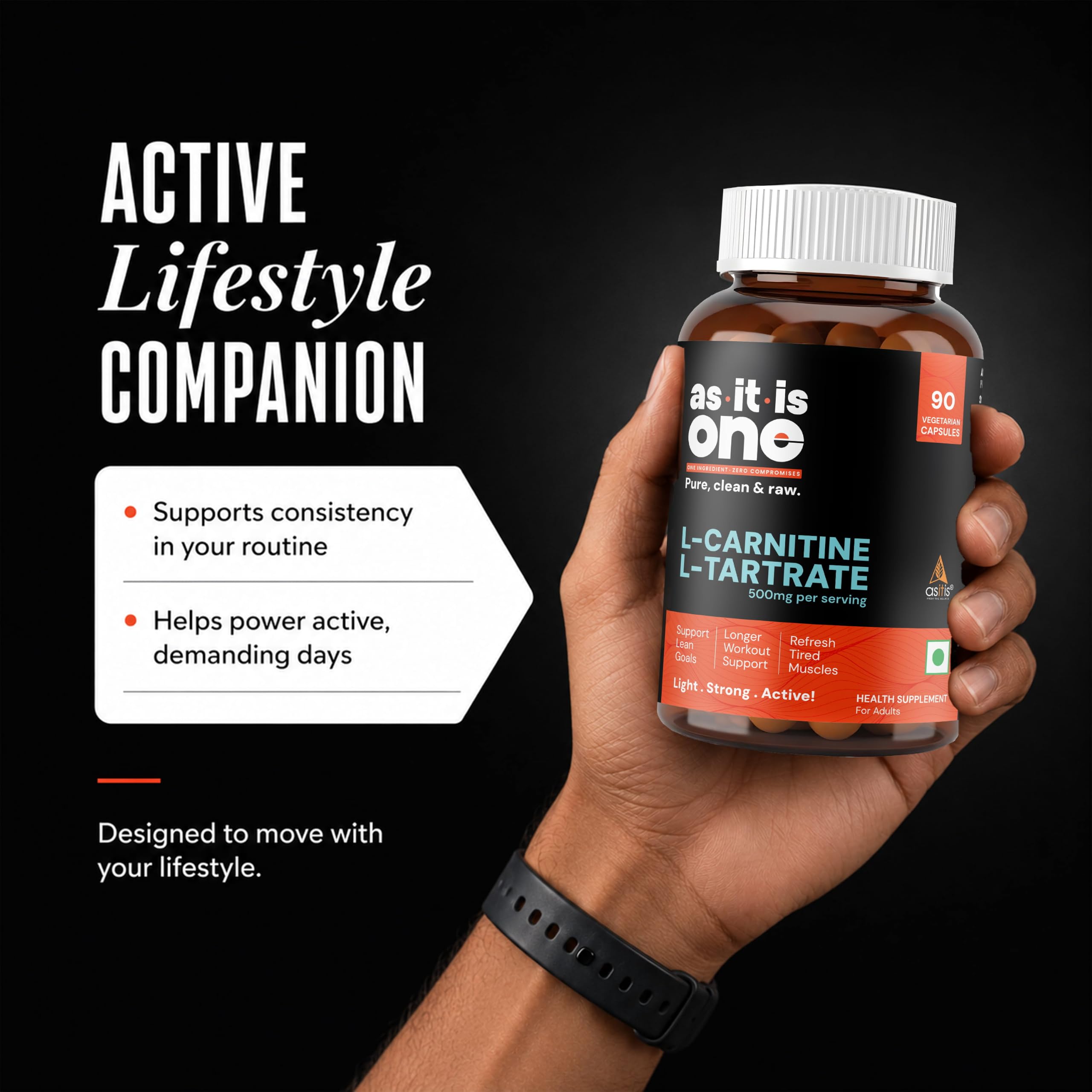AS-IT-IS One L-Carnitine L-Tartrate 500mg Capsules for All Ages Adults; Supplement to Support Energy, Recovery & Metabolism, Support Lean Goals - 90 Capsules 1
