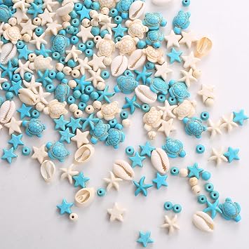344Pcs Turquoise Sea Turtle Beads Blue and White Starfish Beads Tortoise Turtle Charms Summer Beach Animal Spacer Bead Shell Bead for Jewelry Making DIY Bracelet Necklace 8 Strings